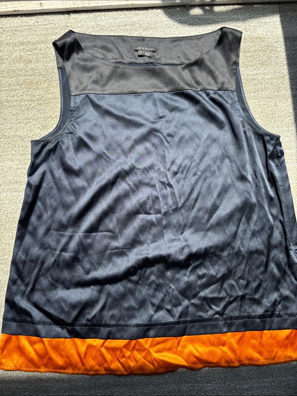 Theory Black Sleeveless Top with Orange Contrast Hem